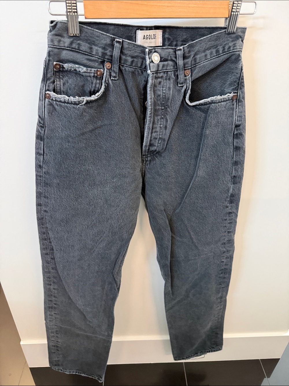 AGOLDE Aritzia High-Rise Button-Fly Jeans in Washed Black, size 25